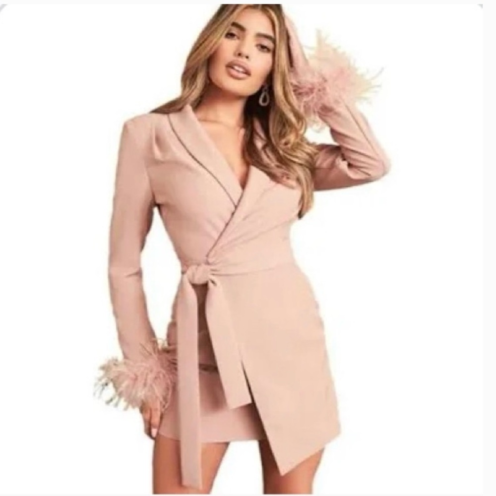 Lavish Alice Blush/Tan Long Sleeve Wrap Dress